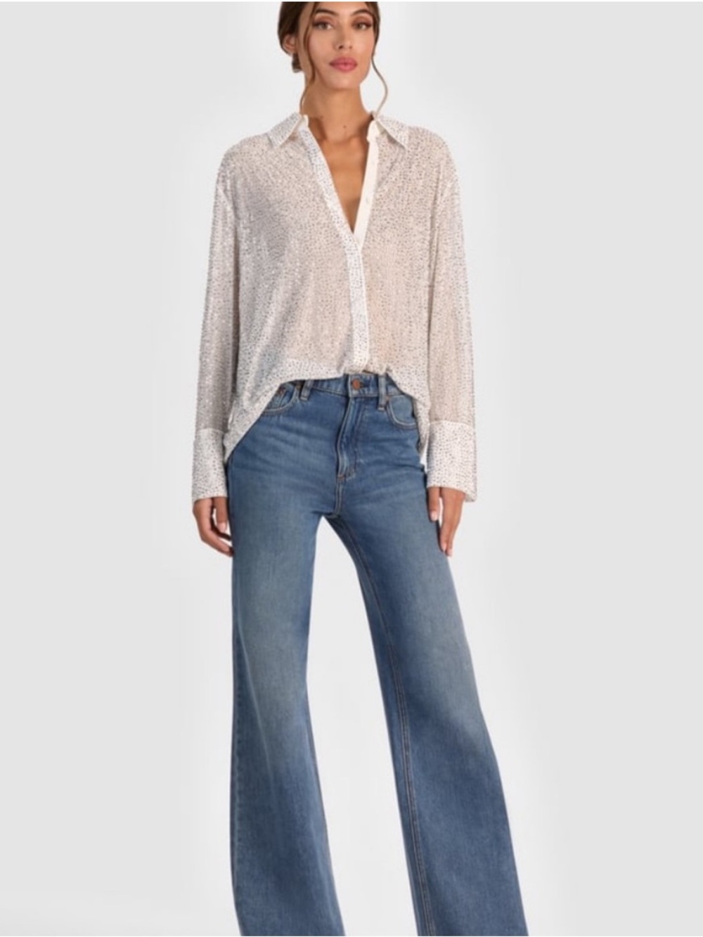 Finely Crystal Embellished Oversized Button Down Off White